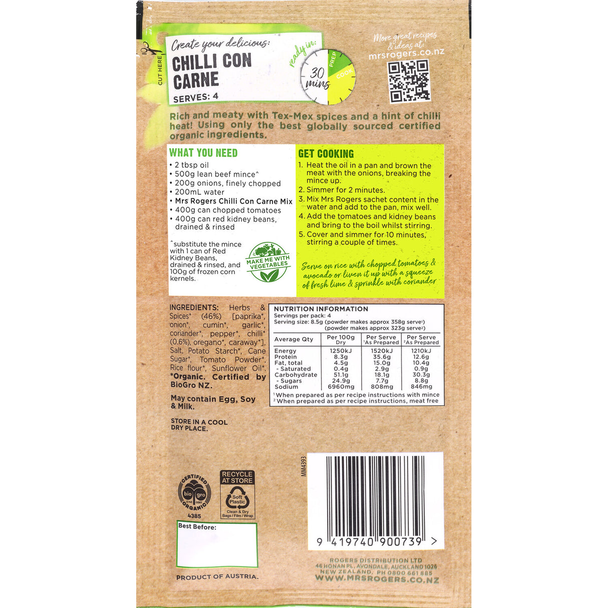 Mrs Rogers Organic Recipe Base Chilli Con Carne 34g