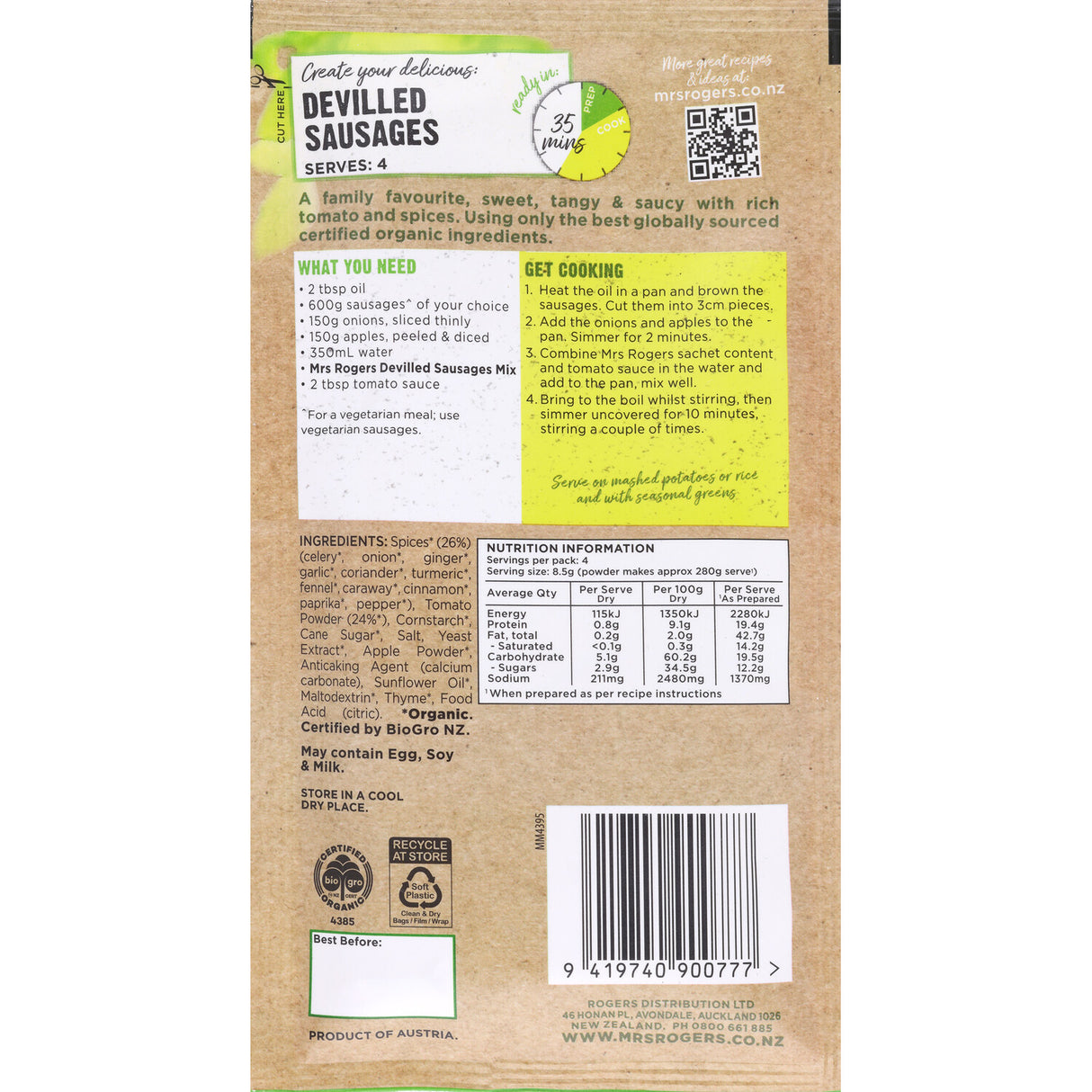 Mrs Rogers Organic Recipe Base Devilled Sausages 34g