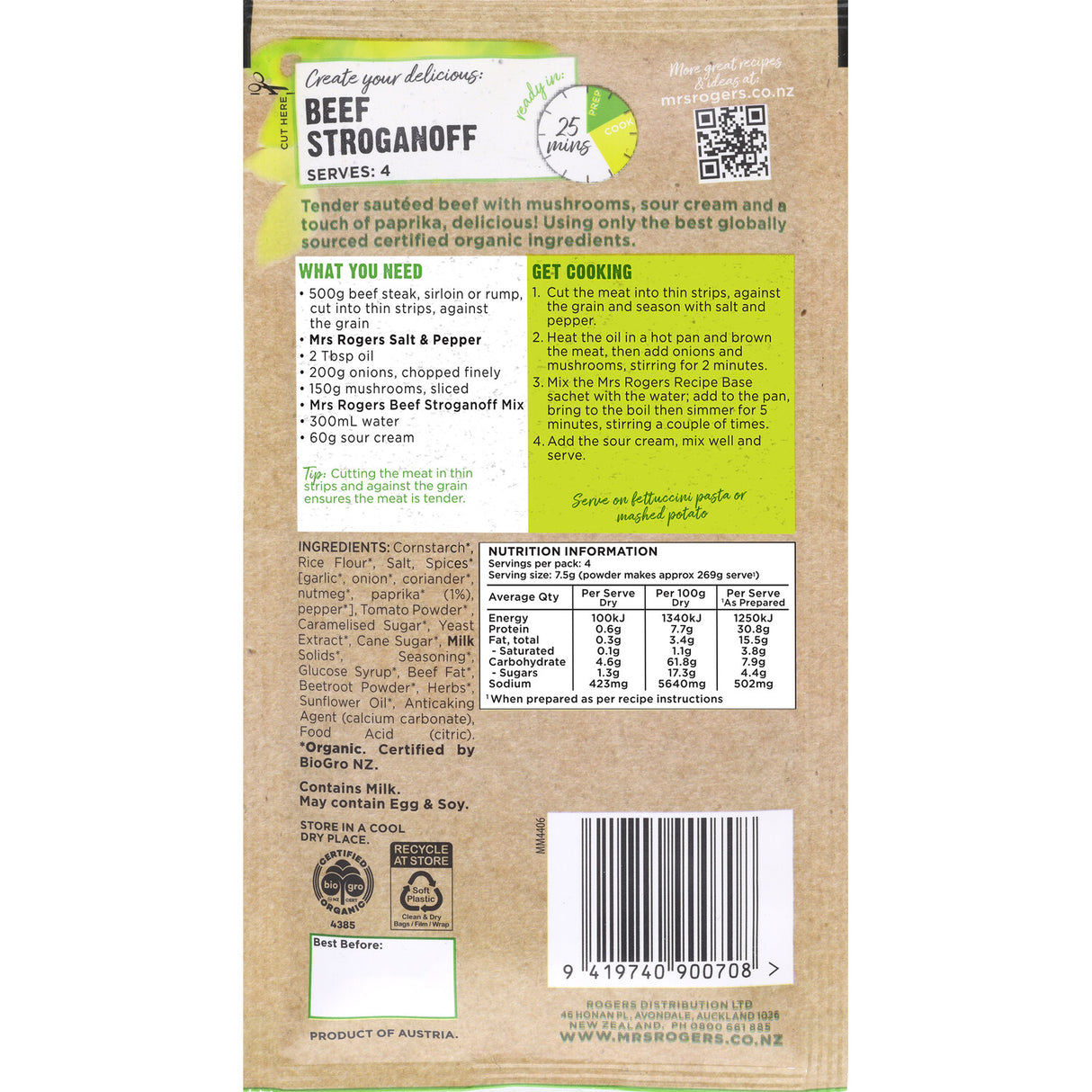 Mrs Rogers Organic Recipe Base Beef Stroganoff 30g