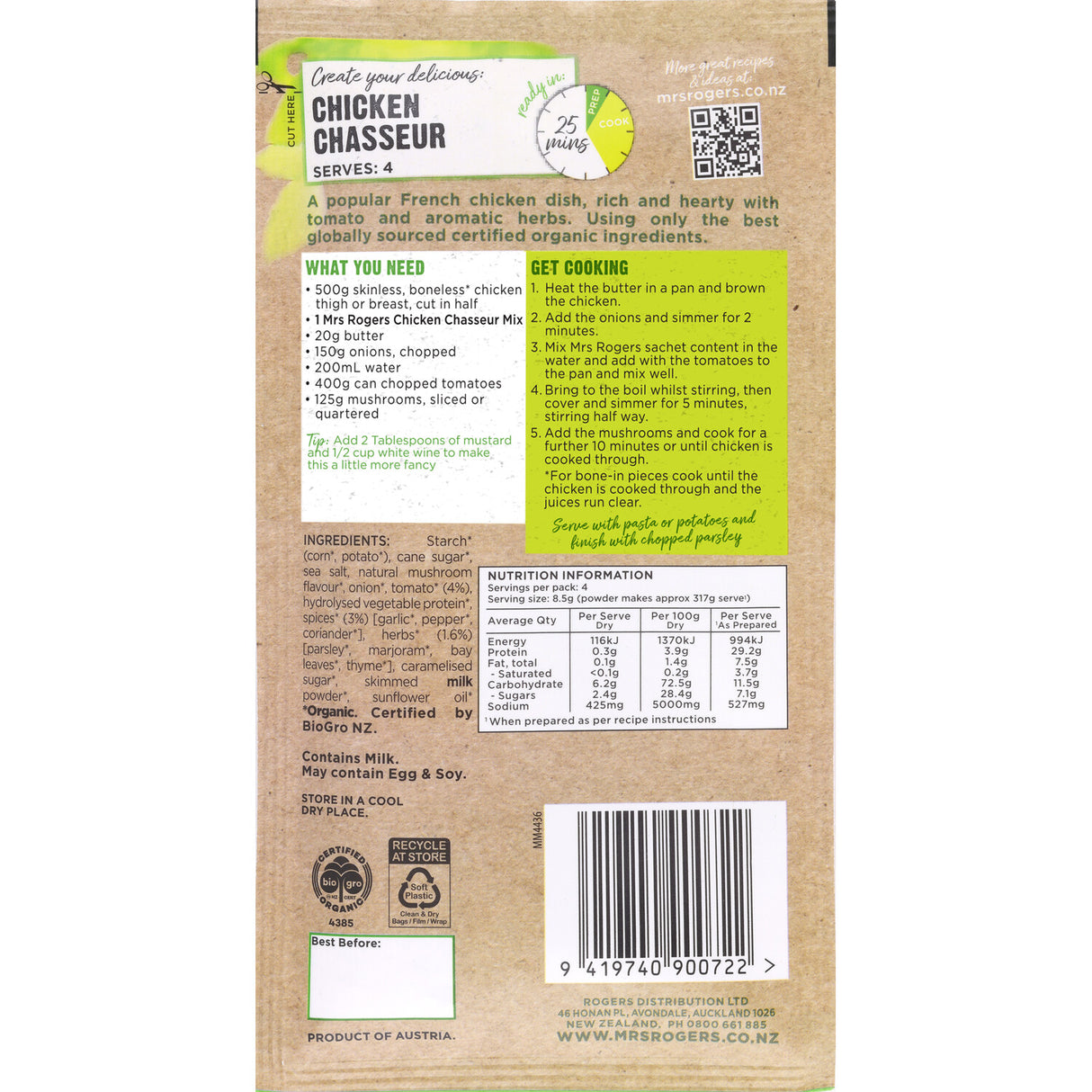 Mrs Rogers Organic Recipe Base Chicken Chasseur 34g