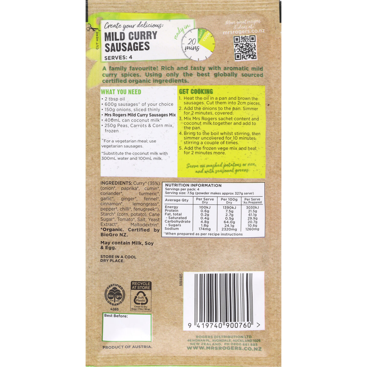 Mrs Rogers Organic Recipe Base Mild Curry Sausages 30g