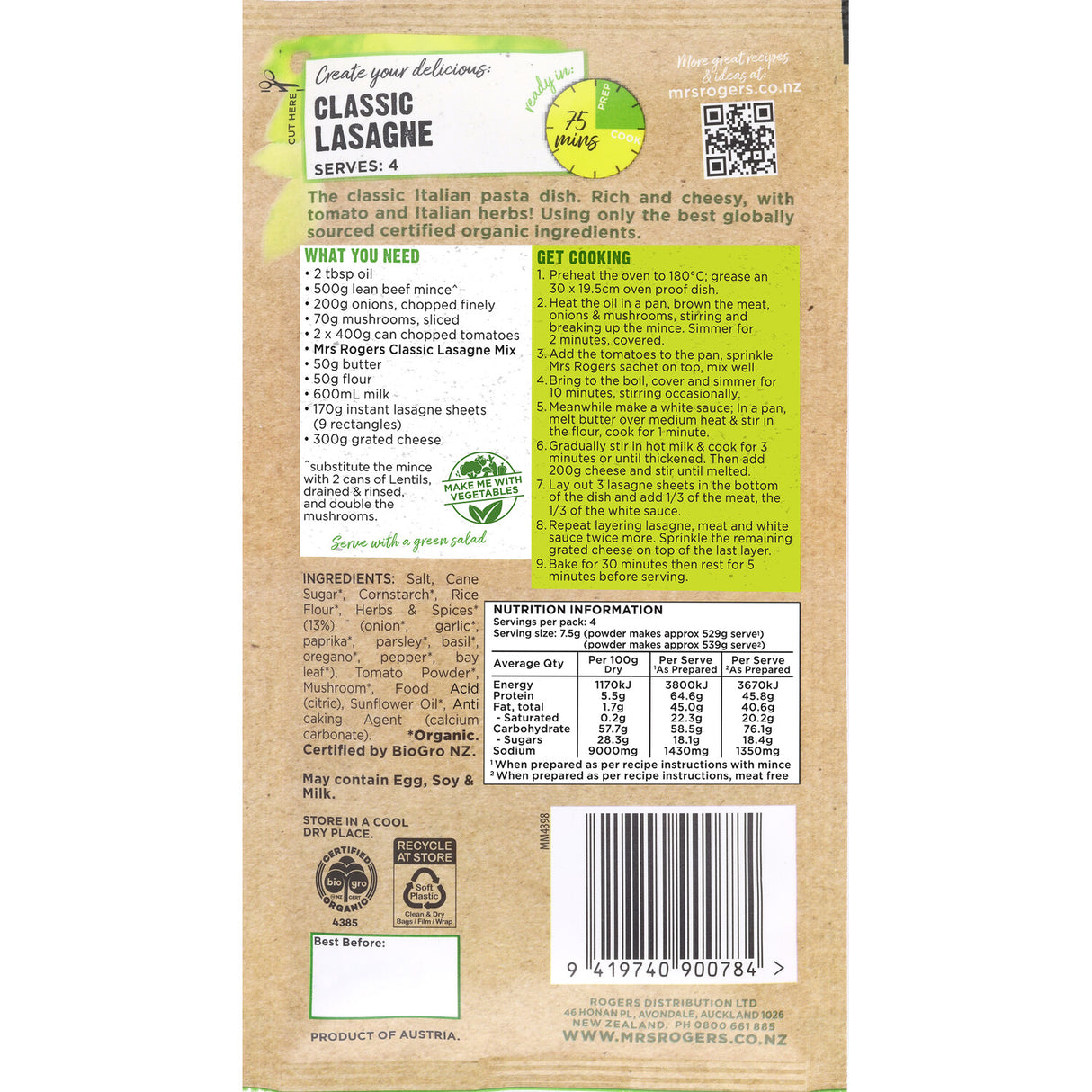 Mrs Rogers Organic Recipe Base Classic Lasagne 30g