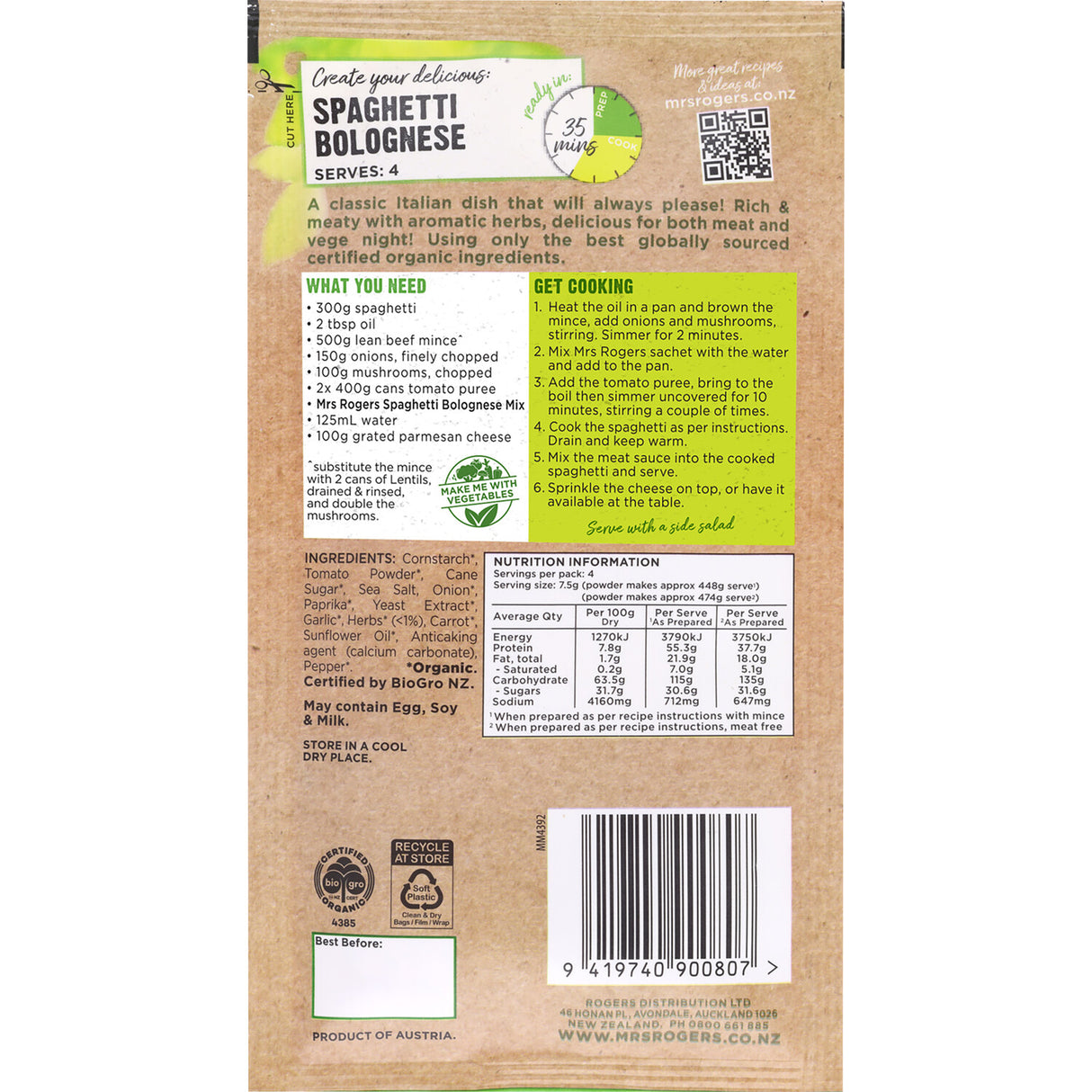 Mrs Rogers Organic Recipe Base Spaghetti Bolognese 30g